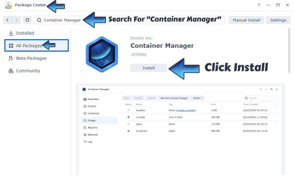 在套件中心安裝 Container Manager