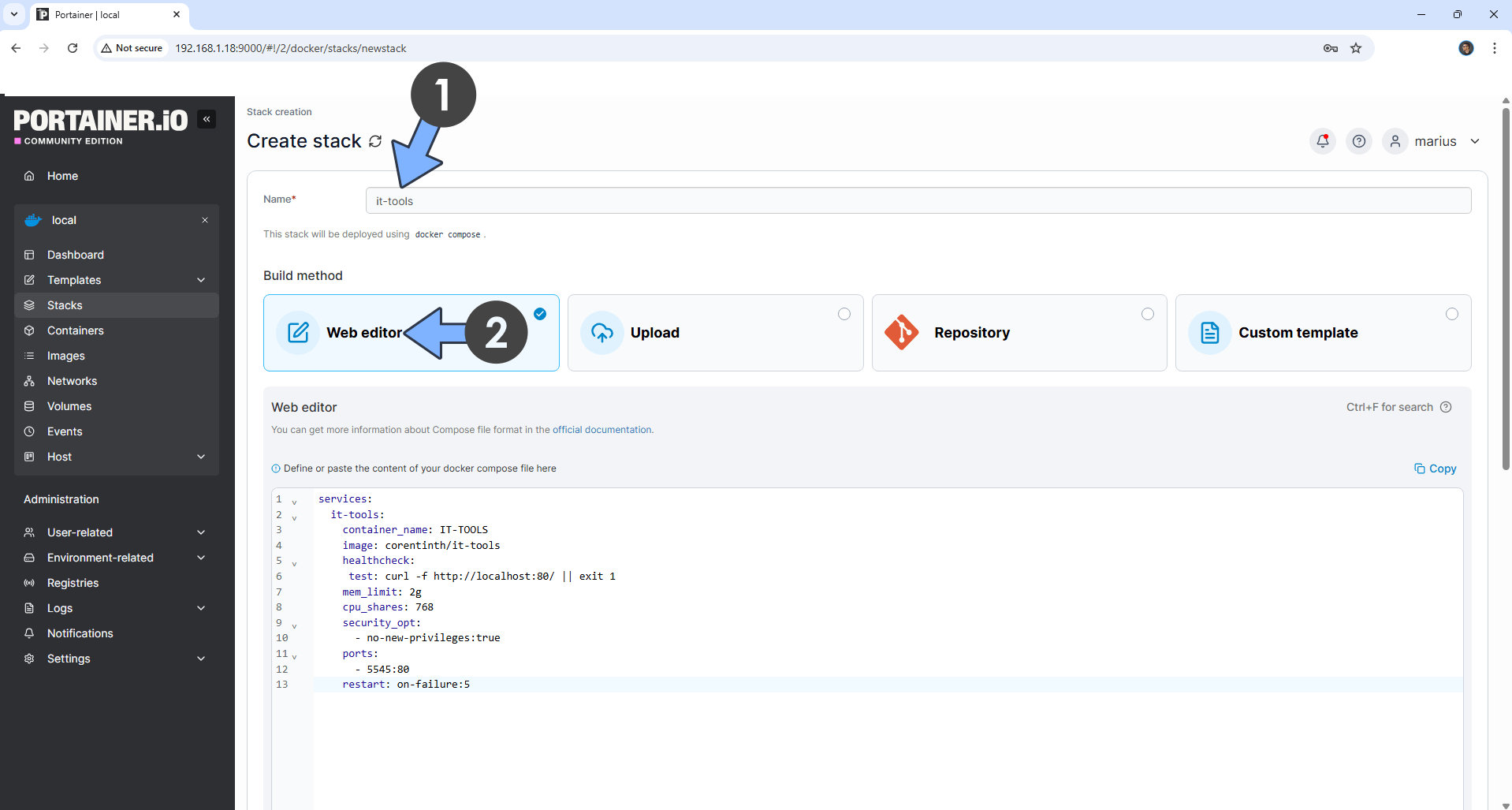 在 Portainer 填入 Stack 名稱並貼上 Compose