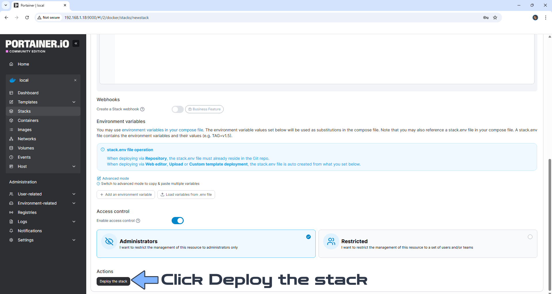 按下 Deploy the stack