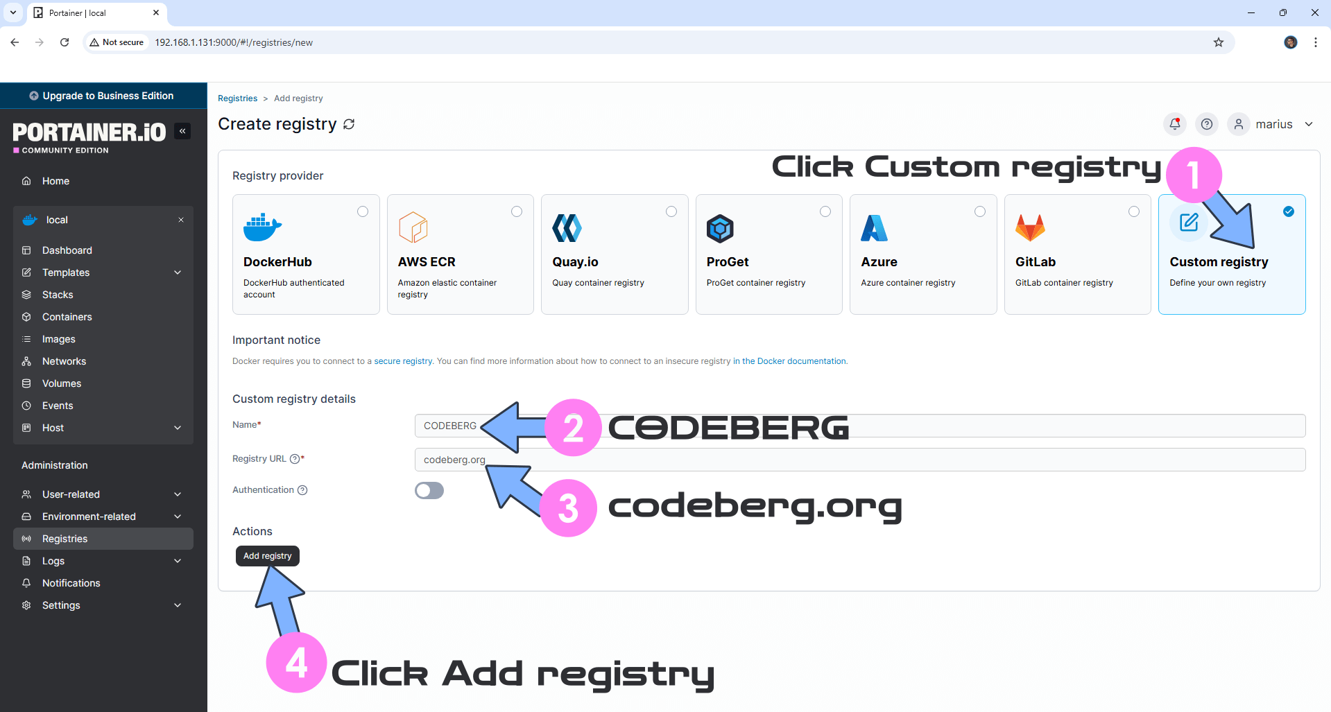 新增 CODEBERG registry