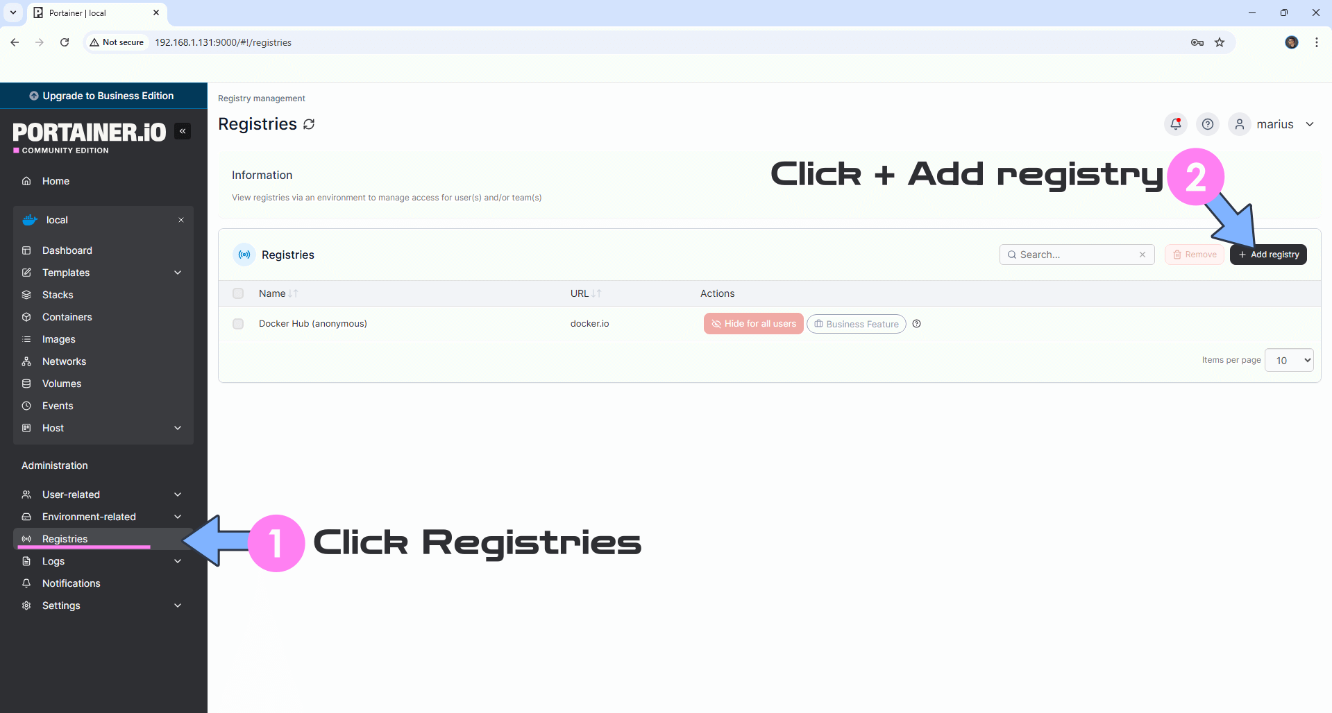 Registries 頁面按 Add registry