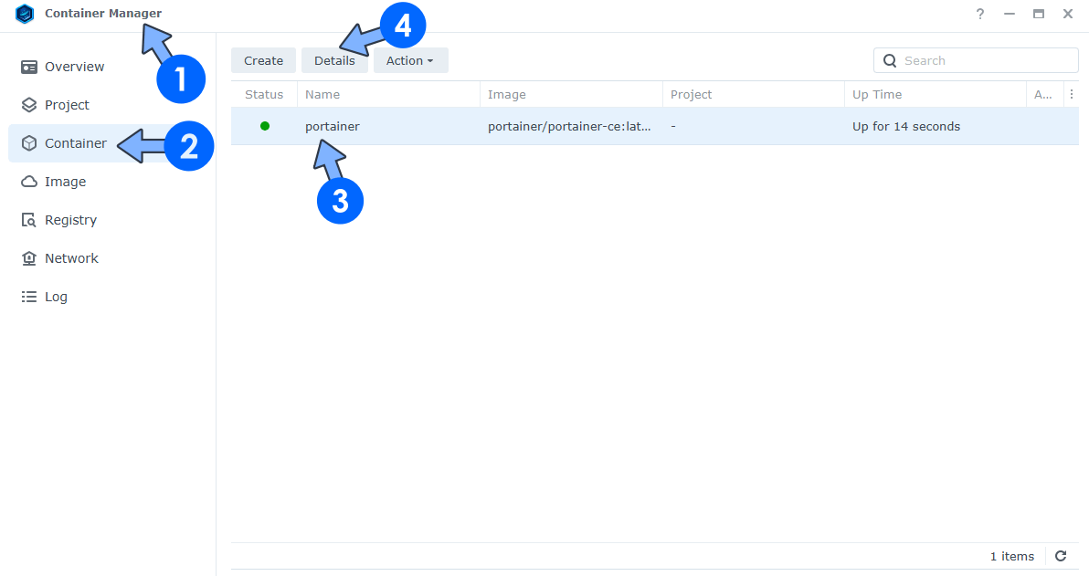 Container Manager 中的 portainer 容器詳細資料