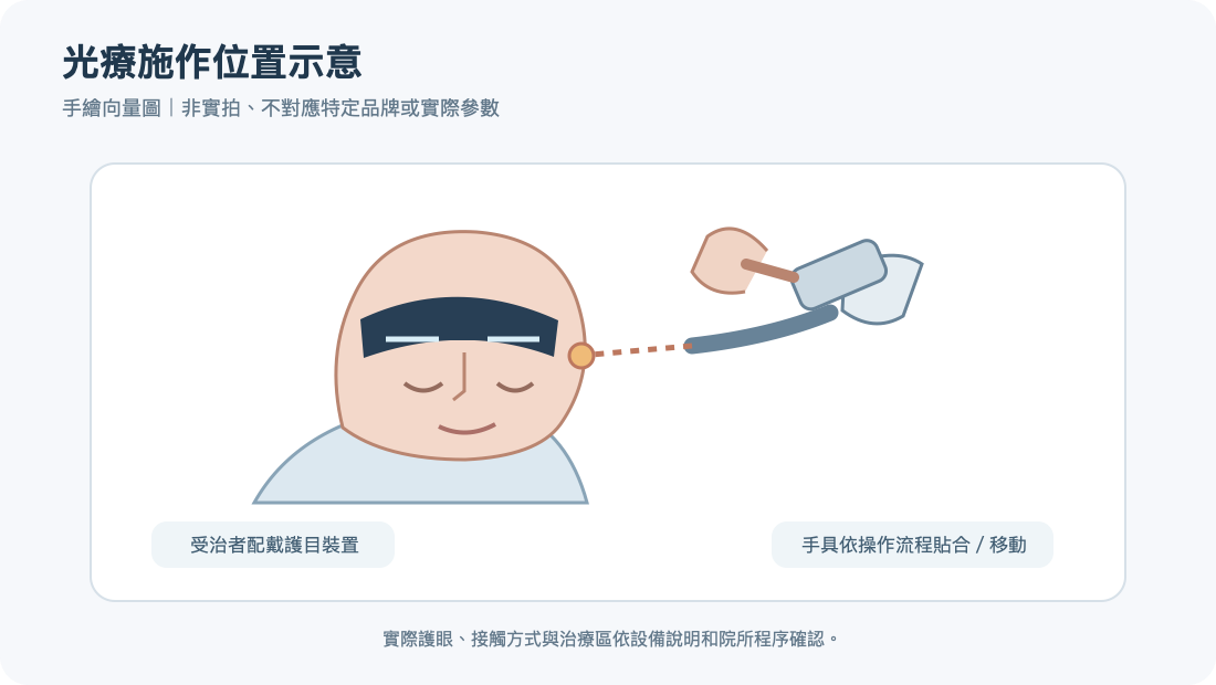 雷射除毛施作情境手繪示意,包含護眼與手具位置,非實拍