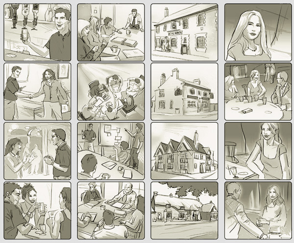 分鏡草圖實例:以連續畫格預想人物位置、視線與動作