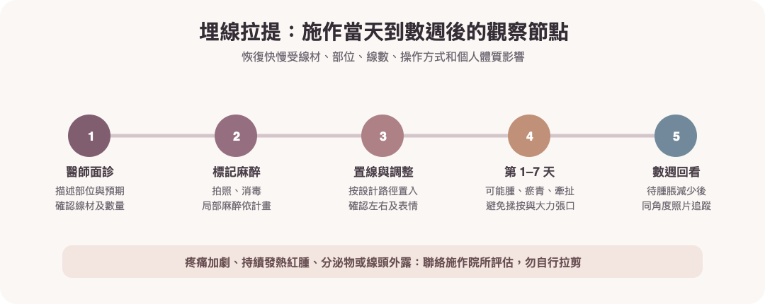 埋線拉提從面診到短期恢復與數週效果觀察的流程