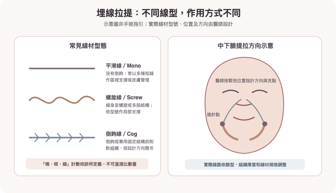 埋線拉提使用不同線材和固定方式的面部示意
