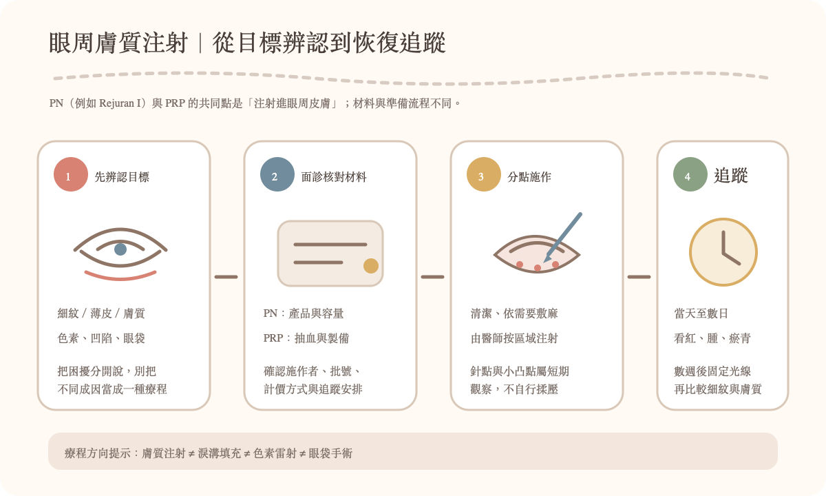 眼周膚質注射從目標辨認、面診、注射到恢復追蹤的手繪步驟圖