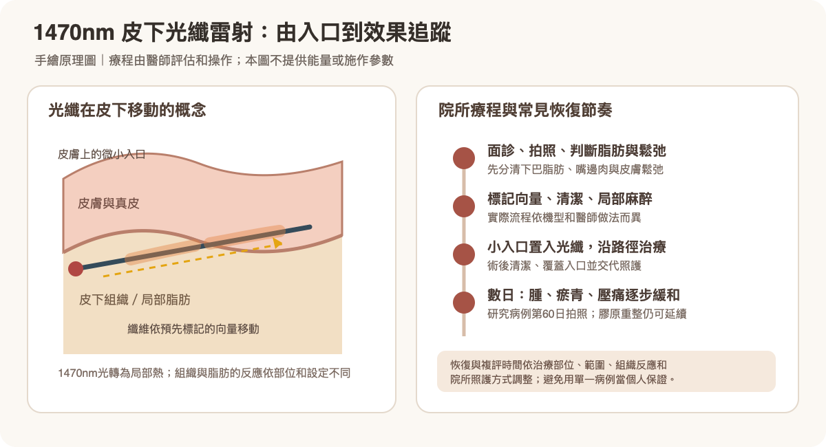 1470nm皮下光纖雷射路徑和常見療程流程手繪示意圖