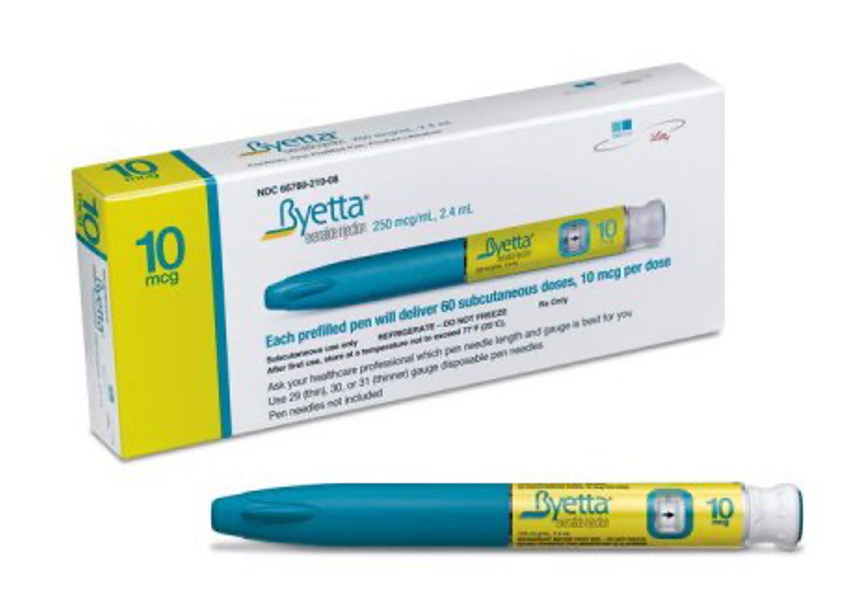 美國 Byetta 10 μg 外盒與注射筆實物