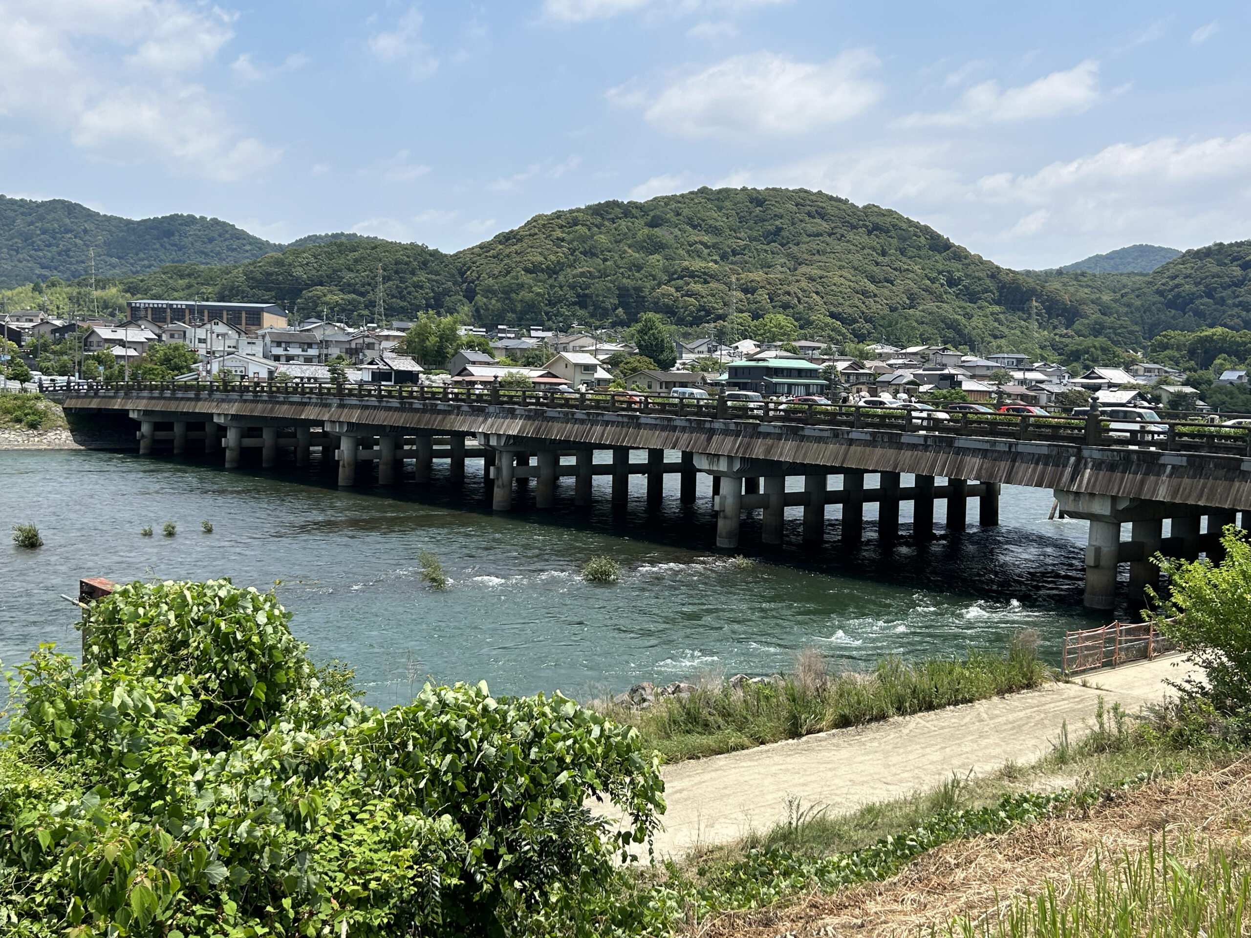 從宇治川左岸望向宇治橋,呈現河岸散步路線中的橋景