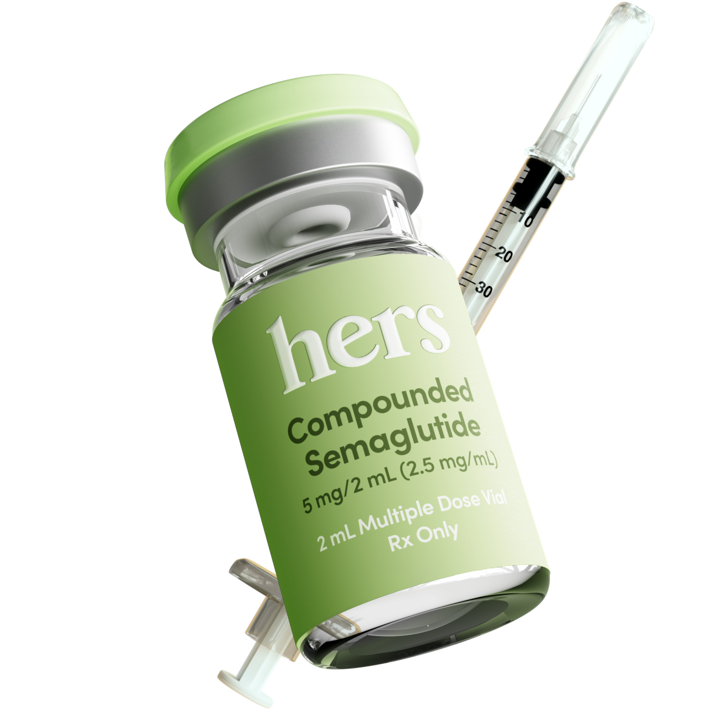 Hers 線上服務展示的複方 semaglutide 小瓶與針筒示意圖