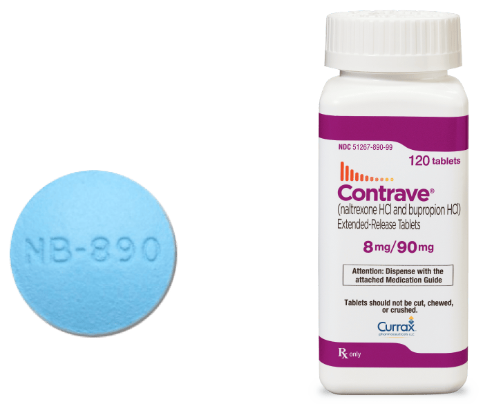 美國 Contrave 8 mg/90 mg 藥瓶及 NB-890 錠劑