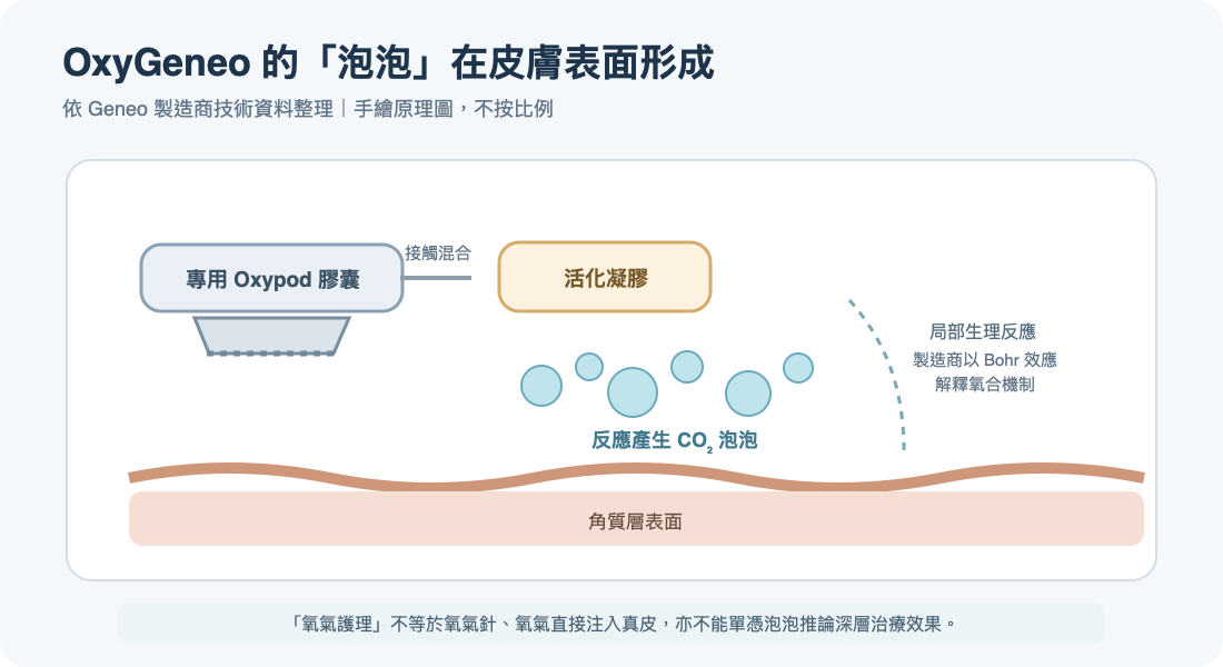 Geneo OxyGeneo 使用專用膠囊與凝膠在皮膚表面形成泡泡、整理角質並配合精華的手繪原理圖