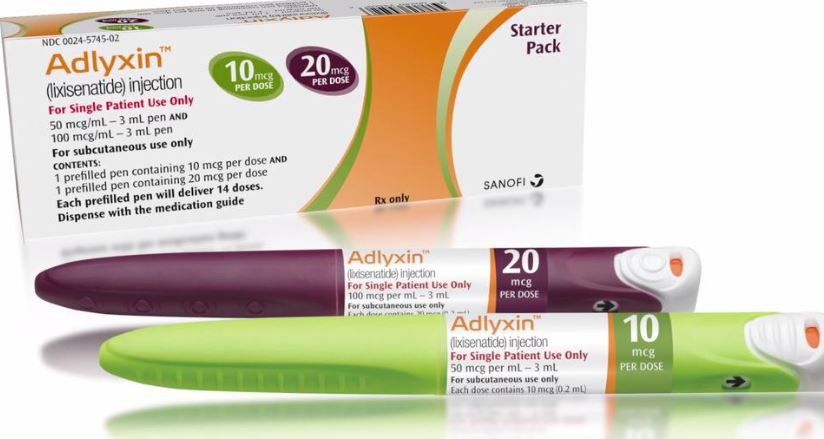 美國歷史版 Adlyxin 起始包外盒與 10 μg 綠色筆、20 μg 紫色筆
