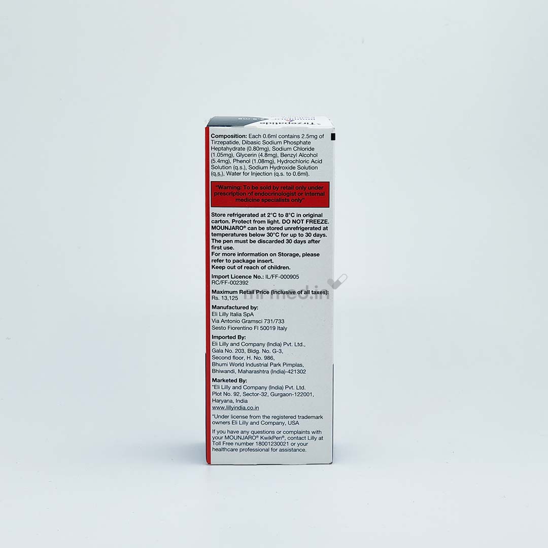 印度 Mounjaro 2.5 mg KwikPen 外盒側面,含進口商與許可標示
