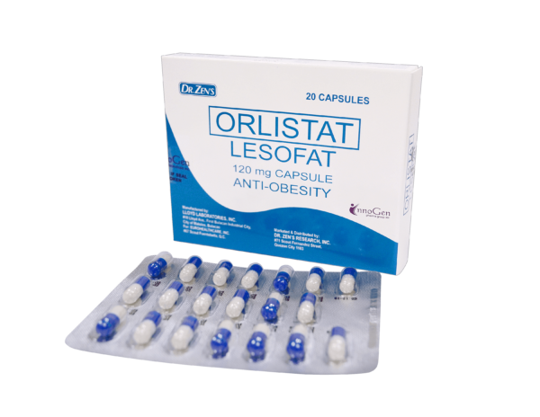菲律賓藥局頁面刊載的 Lesofat 120 mg 外盒與膠囊鋁箔