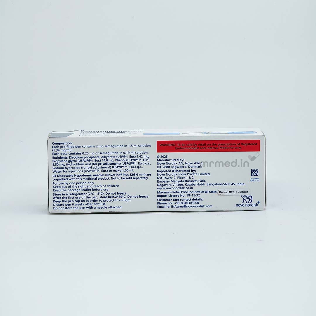 印度 Ozempic 0.25 mg 外盒背面,列有印度進口商與當地售價
