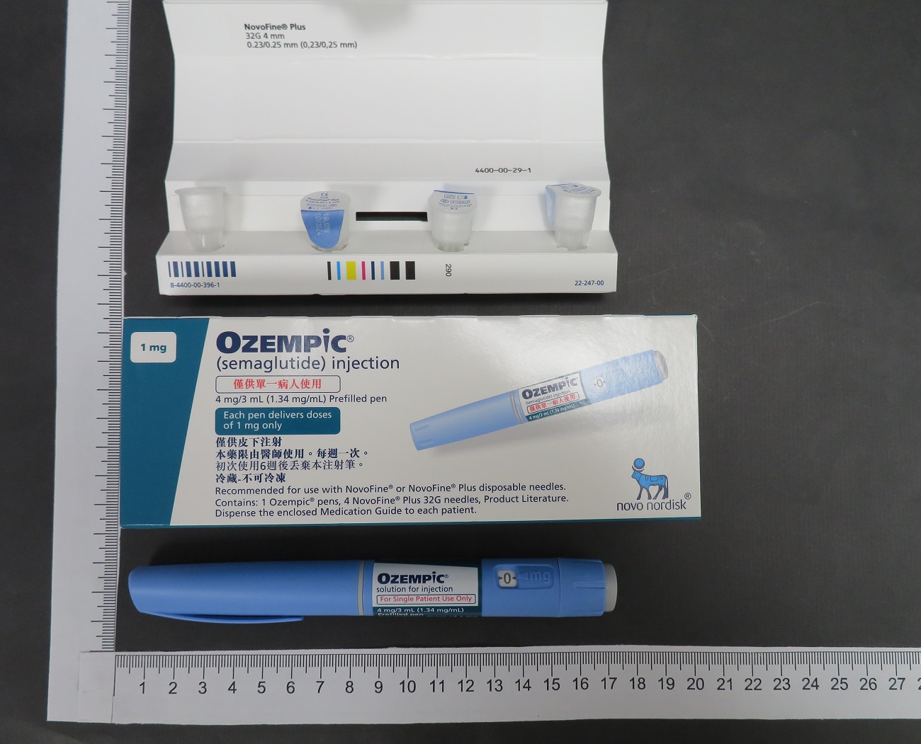 台灣胰妥讚 1 mg 外盒與 Ozempic 預填充筆實物