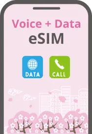 Sakura Mobile 語音與數據 eSIM 示意圖,圖示標出 DATA 和 CALL 功能