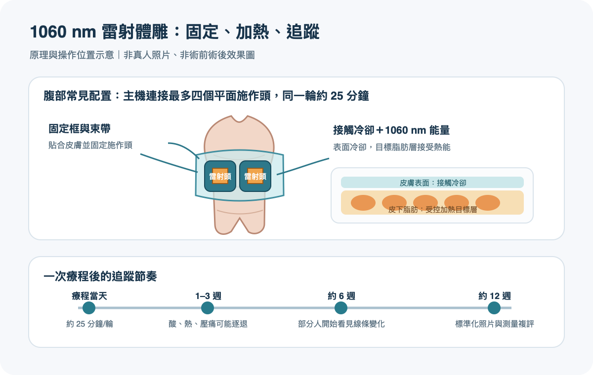 SculpSure 雷射體雕四探頭、皮膚冷卻與效果追蹤示意圖