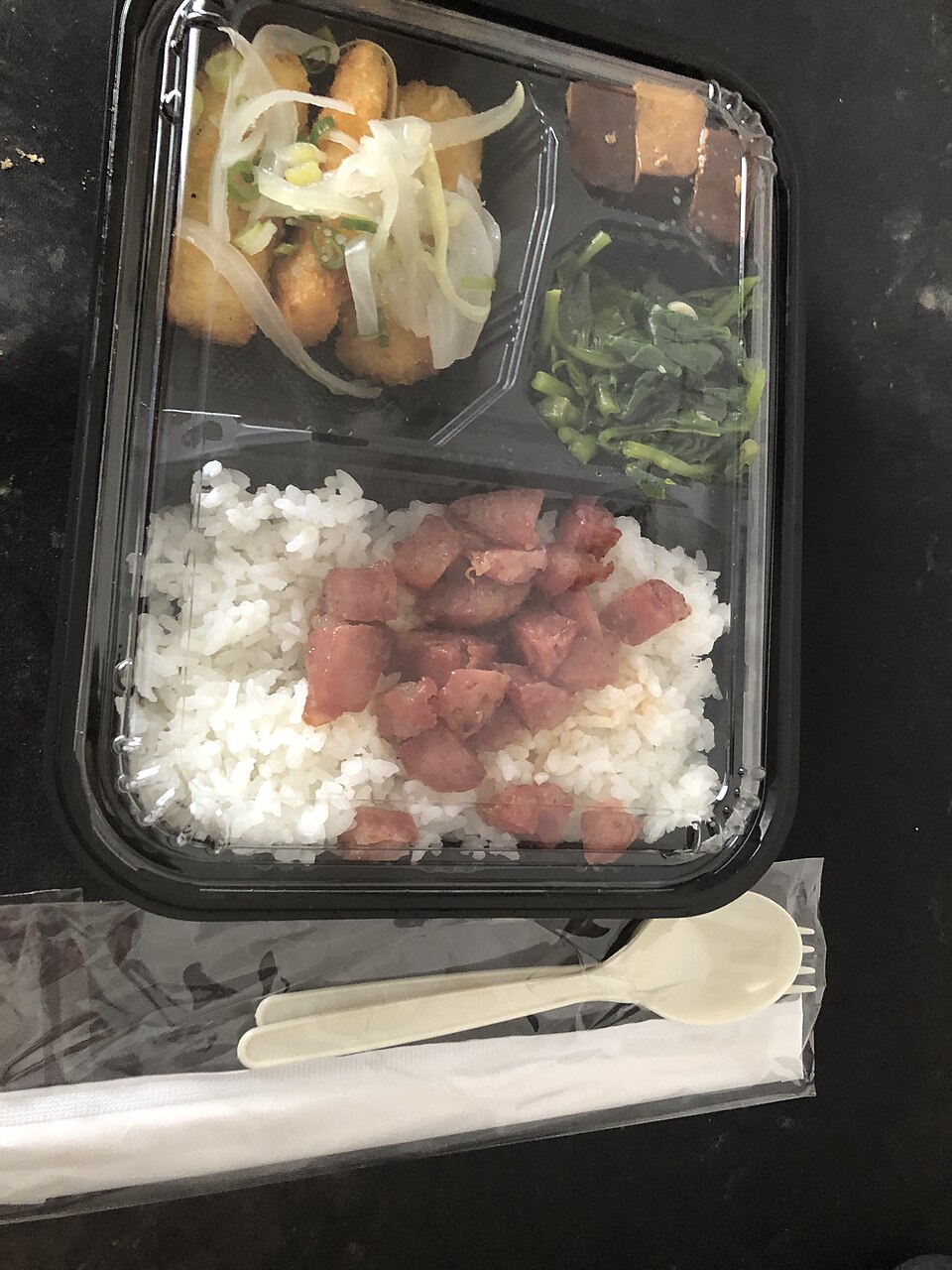 台北便當實物照片,餐盒內有飯、豬肉、豆腐、蔬菜和炸物配菜