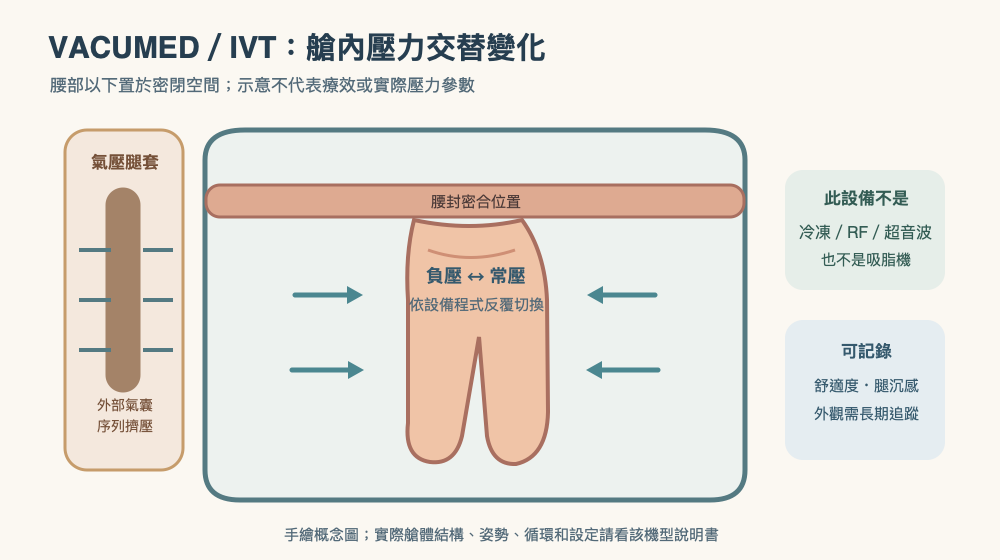 下半身間歇負壓艙以負壓與常壓交替，與包覆式氣壓腿套的推壓方式不同