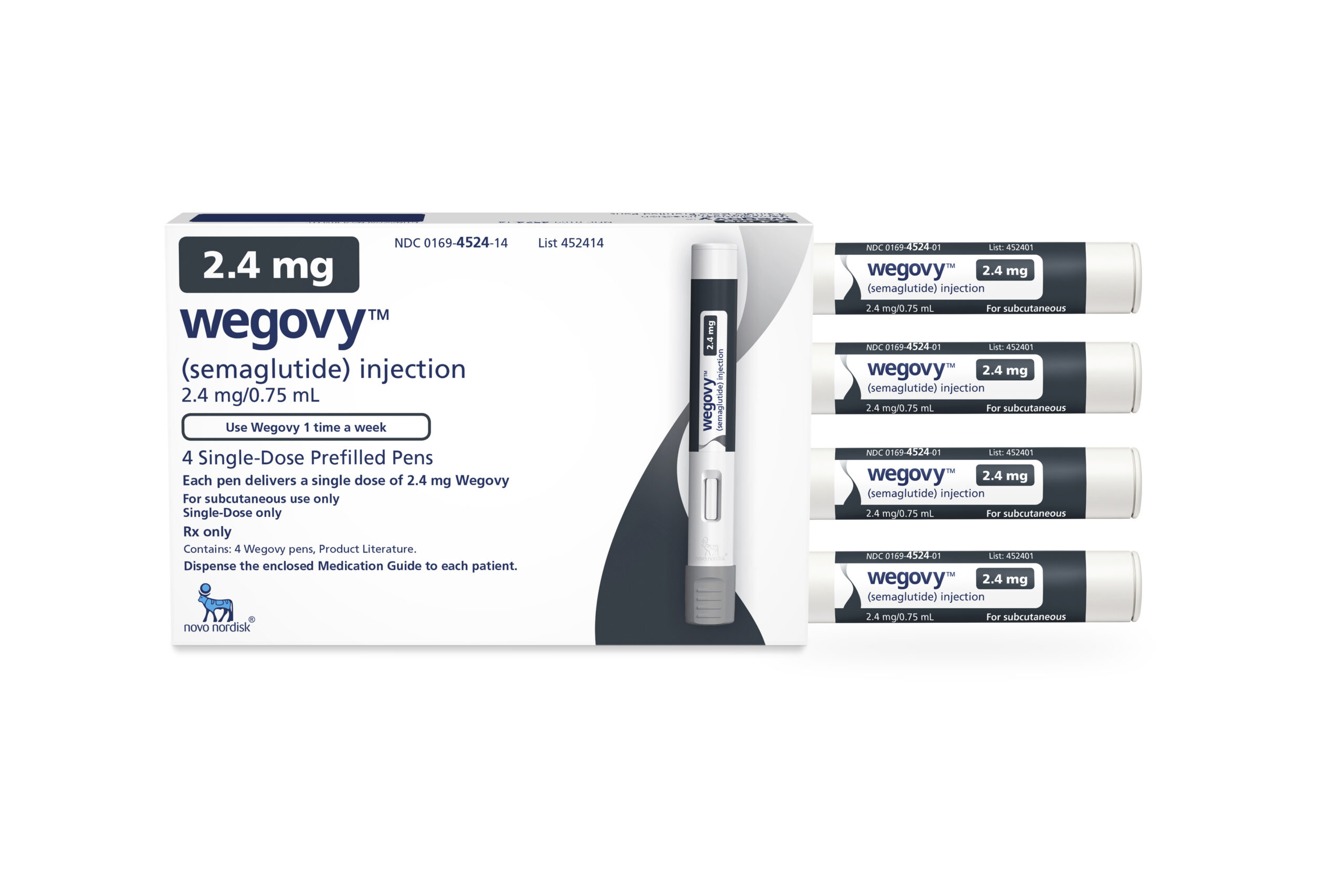 美國 Wegovy 2.4 mg 外盒與四支單次注射筆