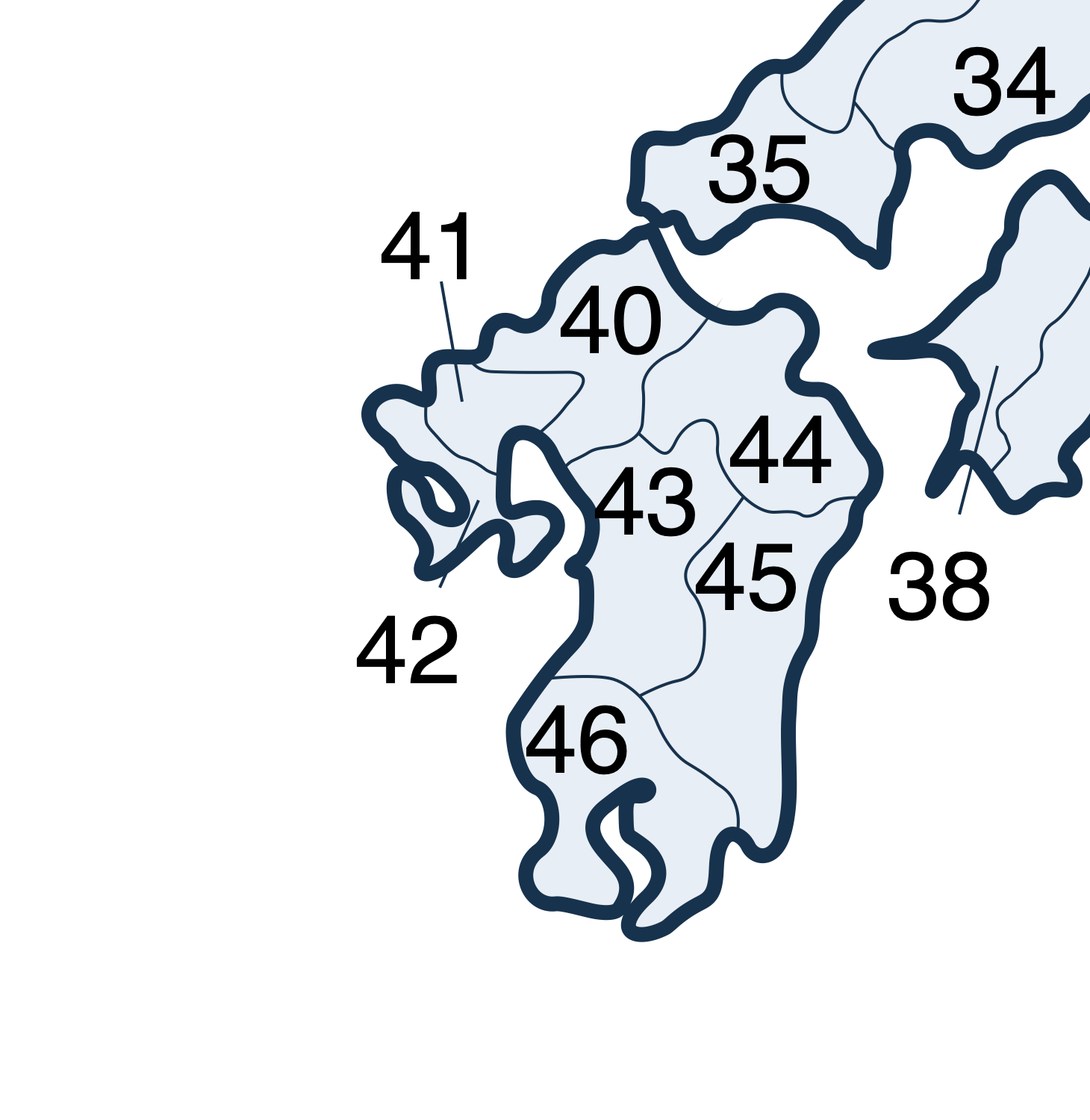 日本九州與鄰近地區的都道府縣界線放大圖,數字對應繁體中文全圖圖例