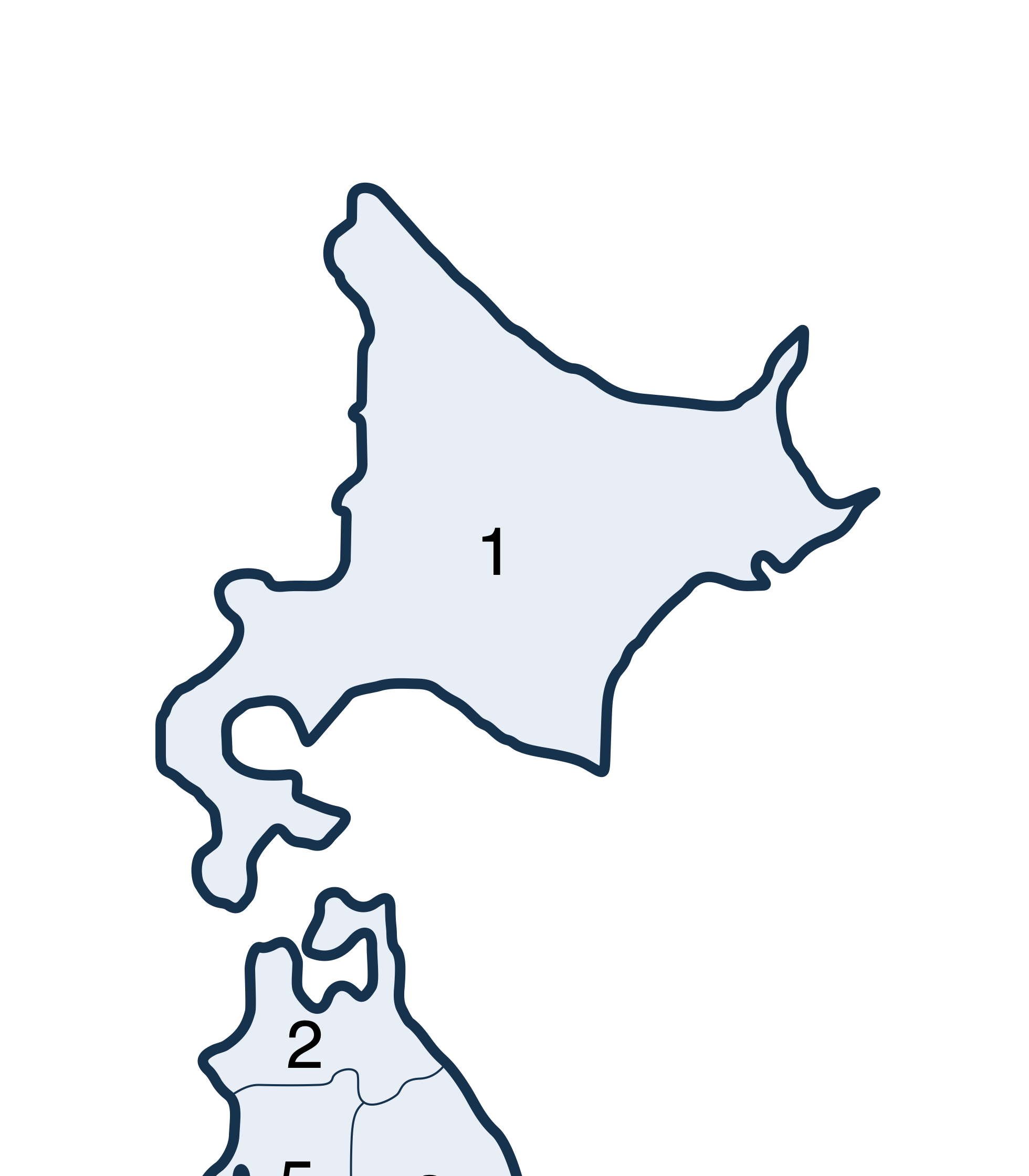 日本北海道與鄰近地區的都道府縣界線放大圖,數字對應繁體中文全圖圖例