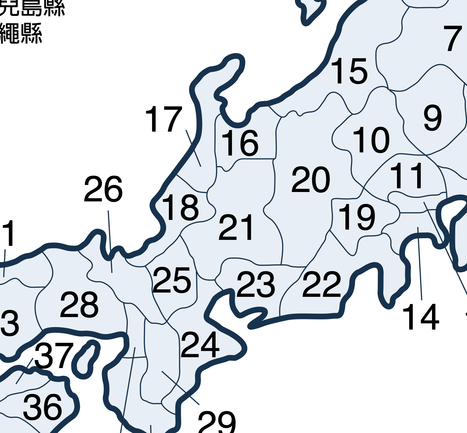 日本北陸信越與鄰近地區的都道府縣界線放大圖,數字對應繁體中文全圖圖例