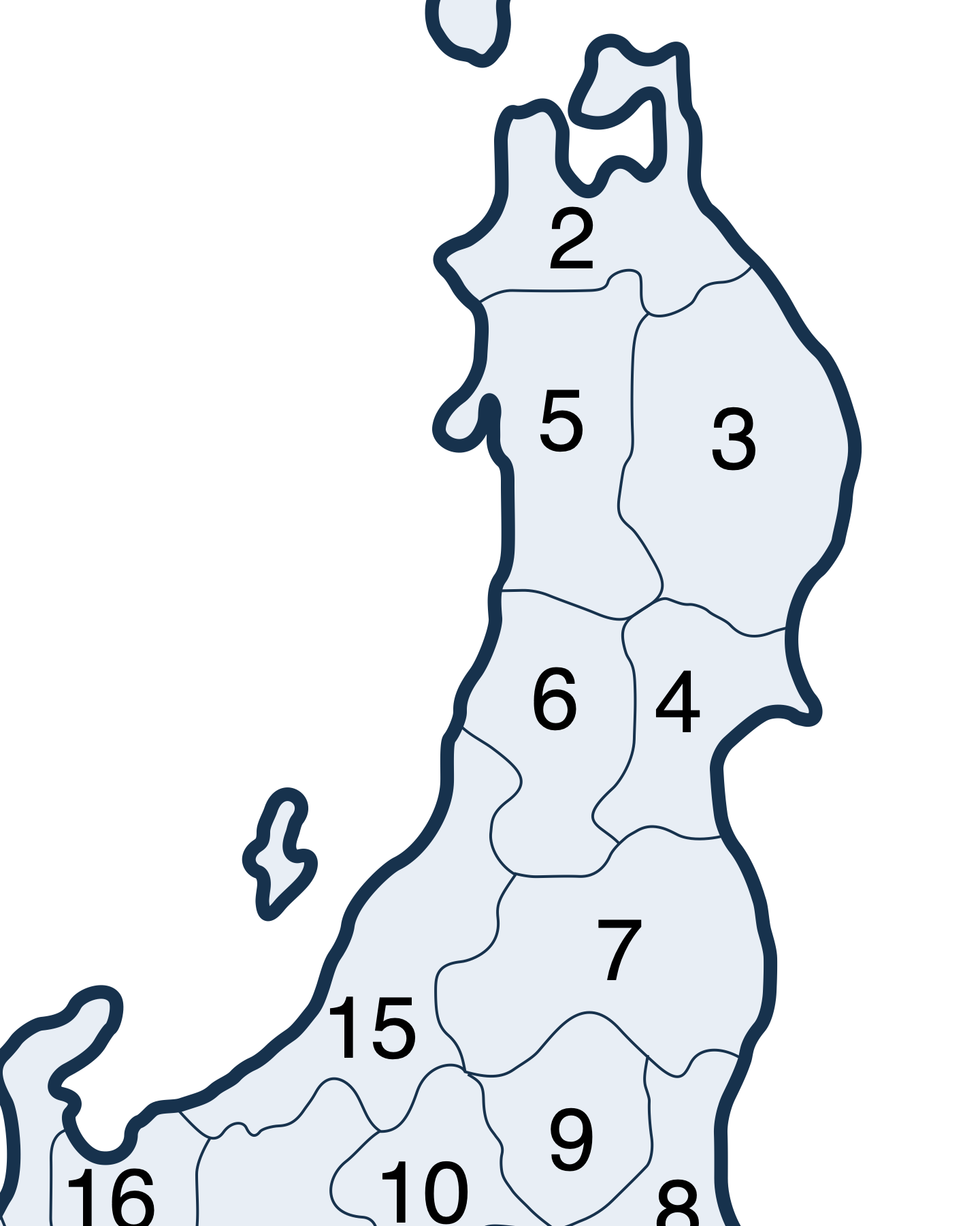 日本東北與鄰近地區的都道府縣界線放大圖,數字對應繁體中文全圖圖例