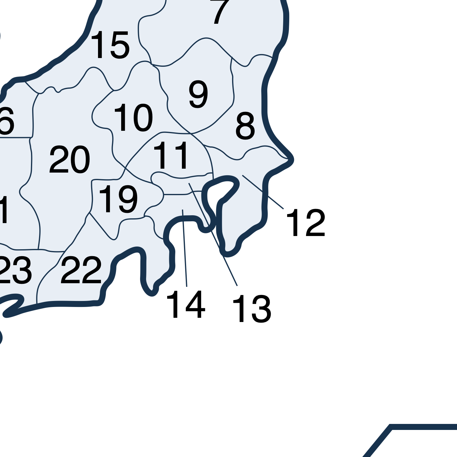 日本關東與鄰近地區的都道府縣界線放大圖,數字對應繁體中文全圖圖例