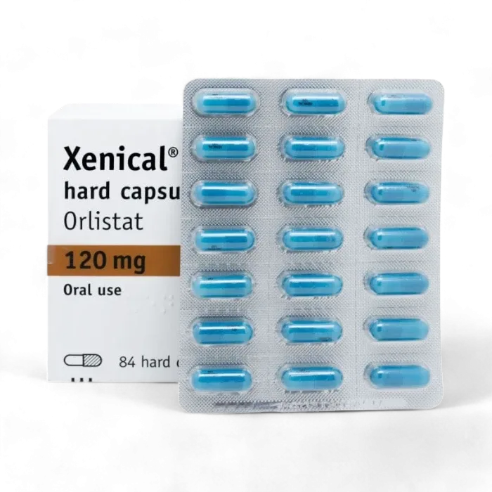 英國藥房產品頁刊載的 Xenical 120 mg 藥板與藍色膠囊
