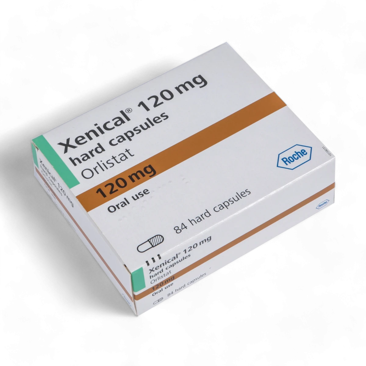 英國藥房產品頁刊載的 Xenical 120 mg、84 粒外盒