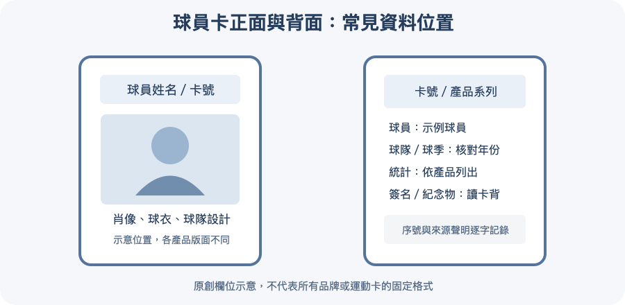 球員卡正面與背面的資料欄位示意