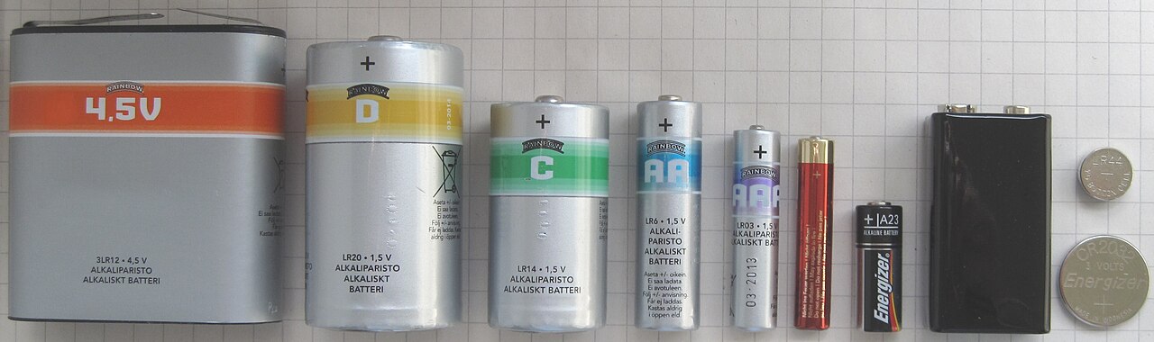 4.5 V、D、C、AA、AAA、AAAA、A23、9 V、CR2032 與 LR44 電池實物排列比較