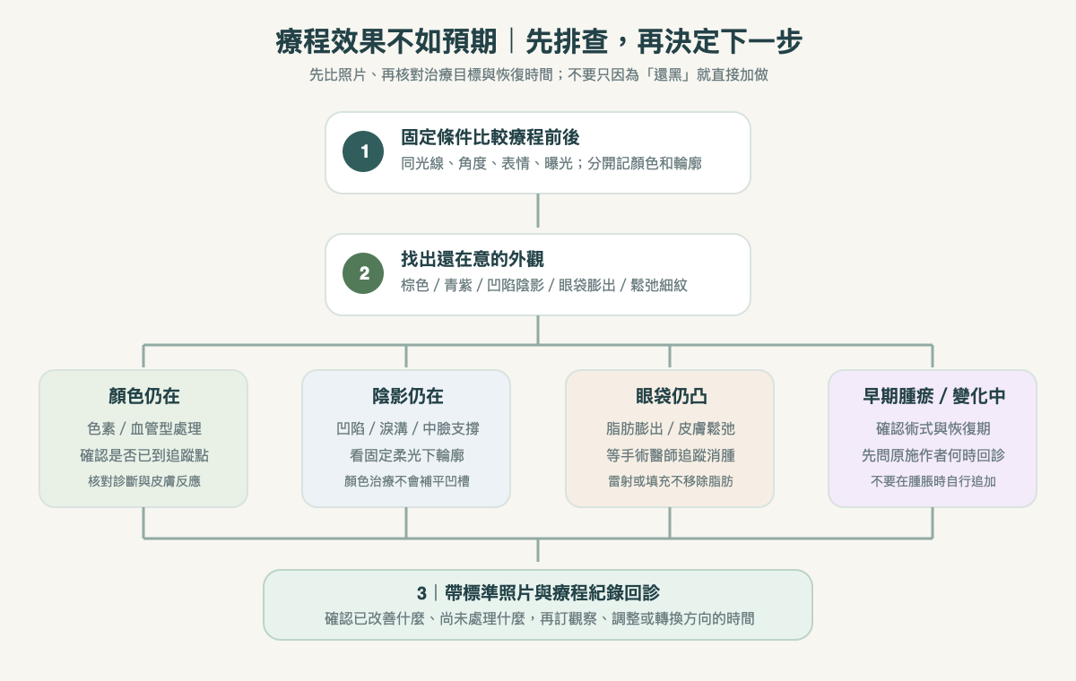 黑眼圈療程效果不明顯的排查路徑：先看時間與照片，再確認療程目標是否和主因相符