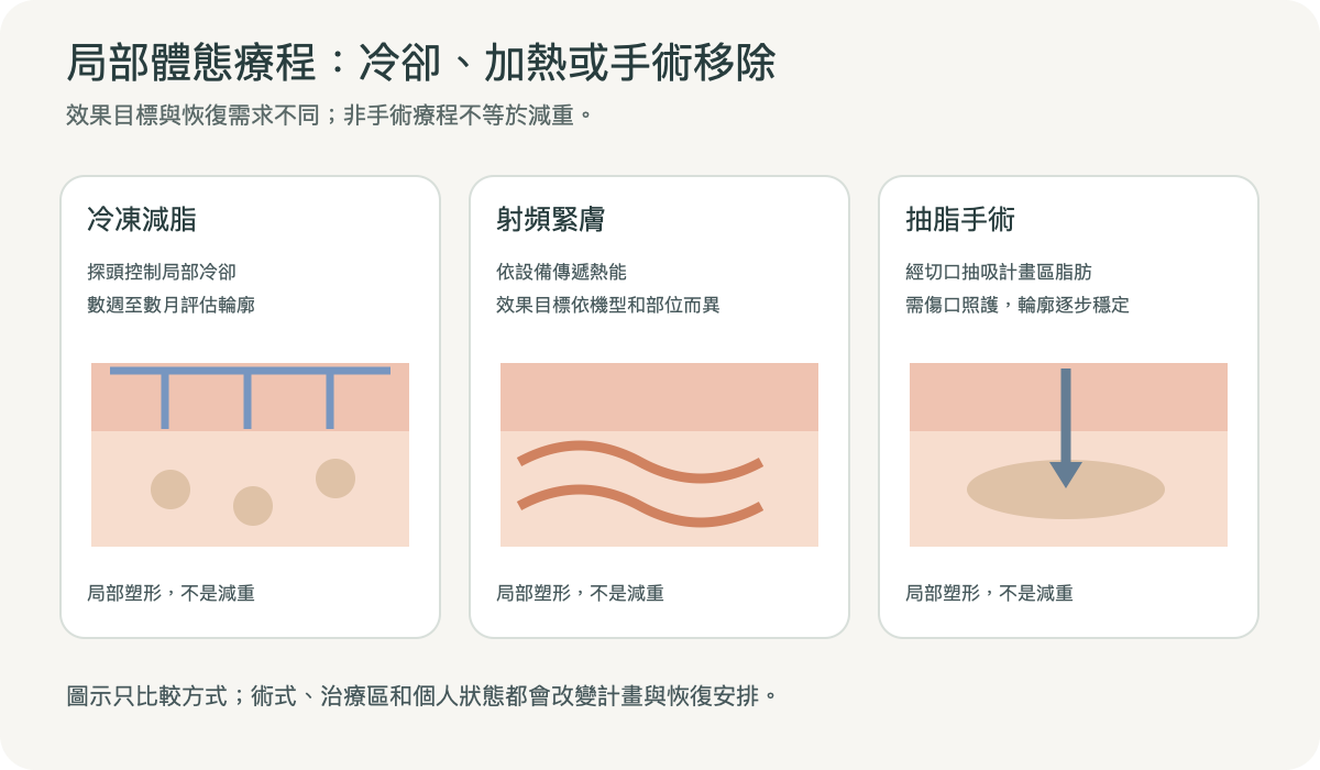 冷凍減脂、射頻緊膚與抽脂作用方式比較示意