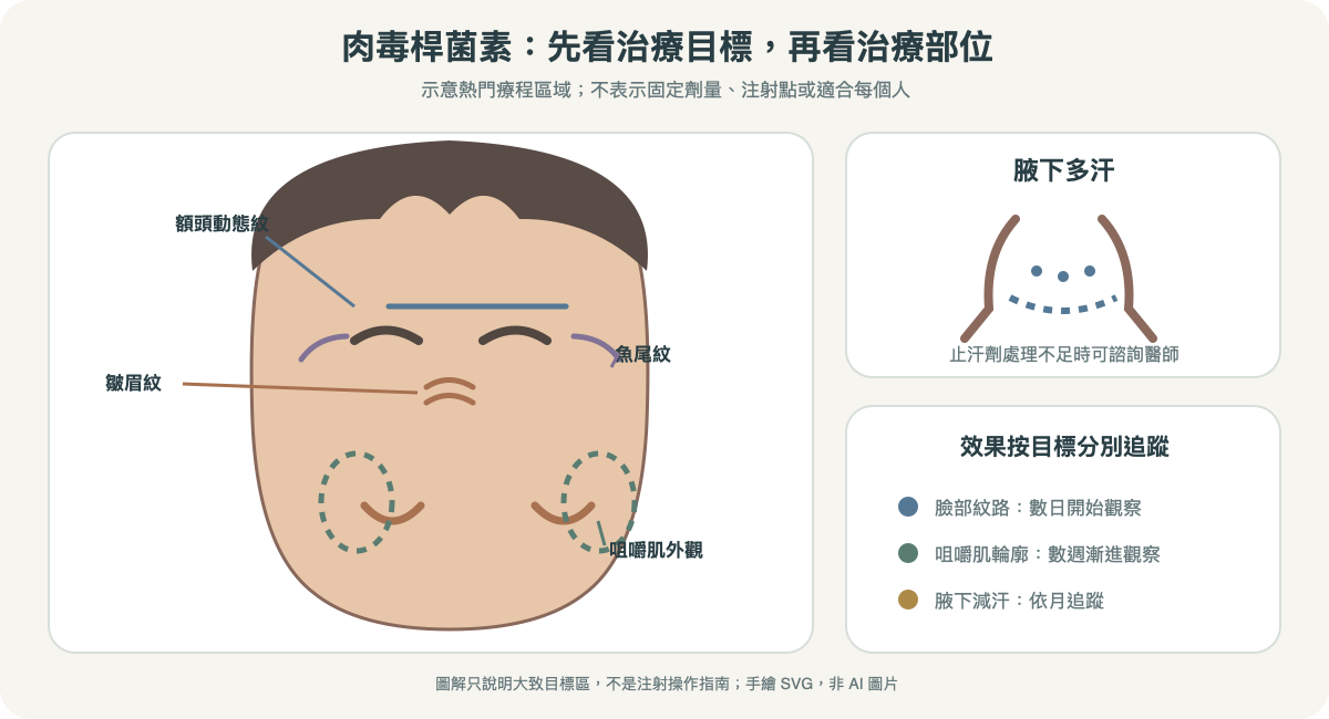 肉毒桿菌素常見治療部位示意:皺眉紋、額頭紋、魚尾紋、咀嚼肌與腋下多汗