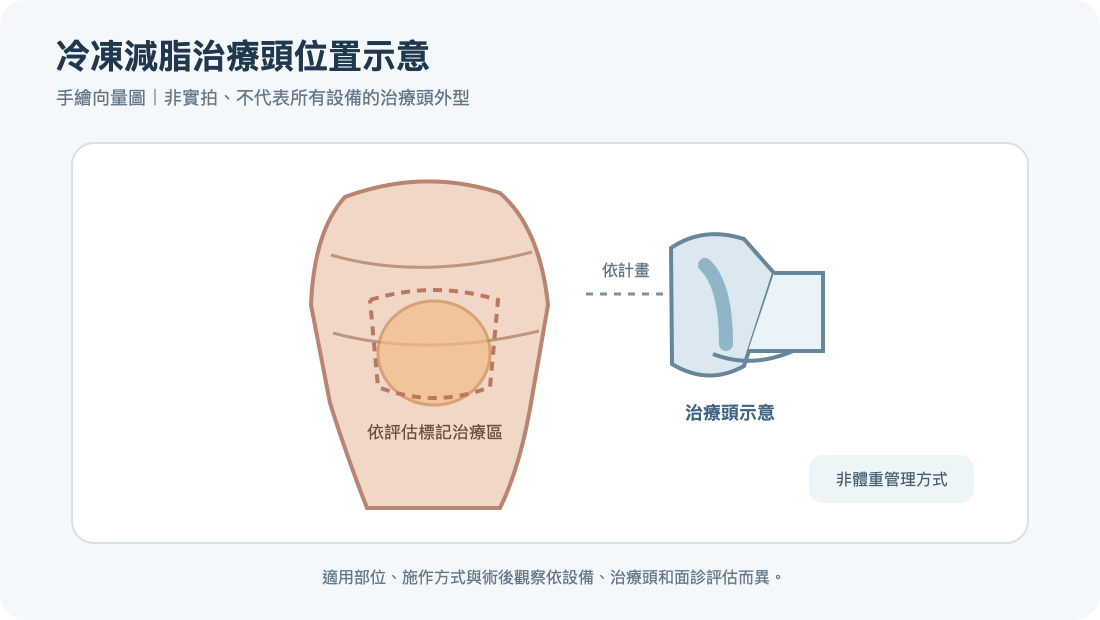 冷凍減脂治療頭與腹部位置手繪示意,非實拍