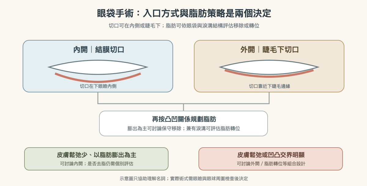 眼袋手術方式比較:內開與外開切口,以及眼袋脂肪移除或轉位