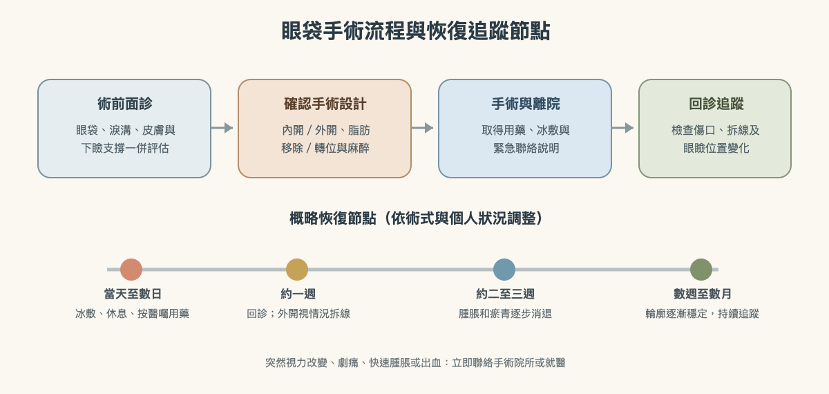 眼袋手術由面診、術式確認、手術、術後照護到消腫追蹤的步驟
