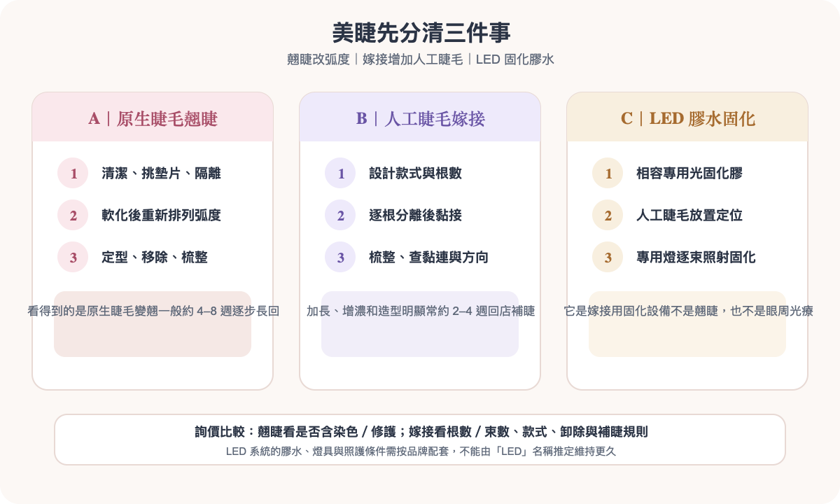 翹睫、嫁接與 LED 固化:三種美睫流程和效果差異