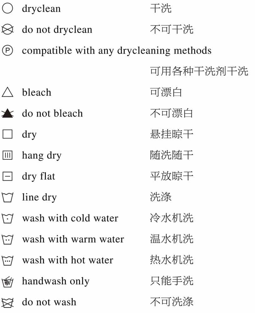 洗標圖例:水溫、漂白、烘乾和熨燙以衣物標示為準。