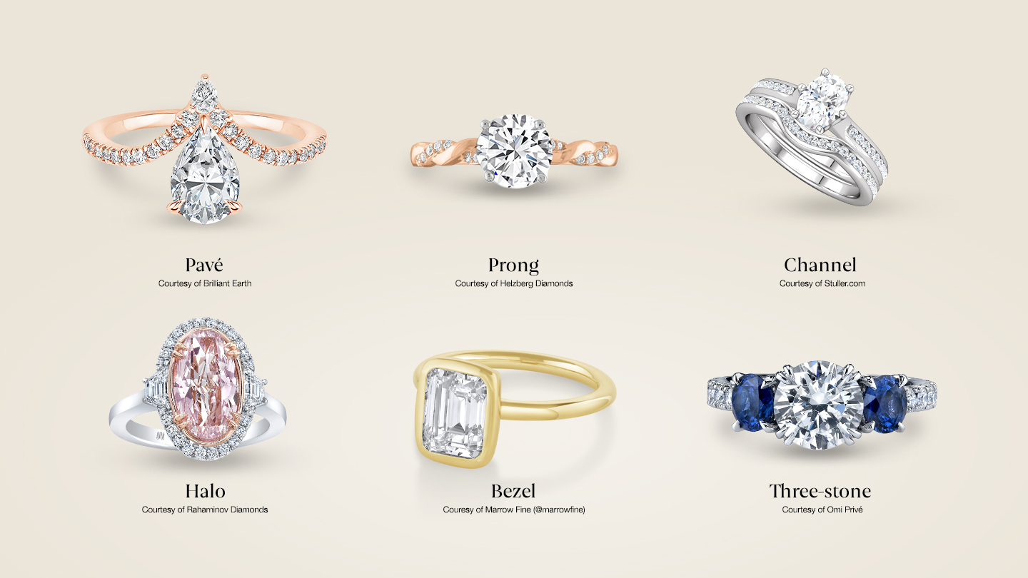 GIA 展示的爪鑲、包鑲、軌道鑲、密釘、光環與三石戒指款式照片