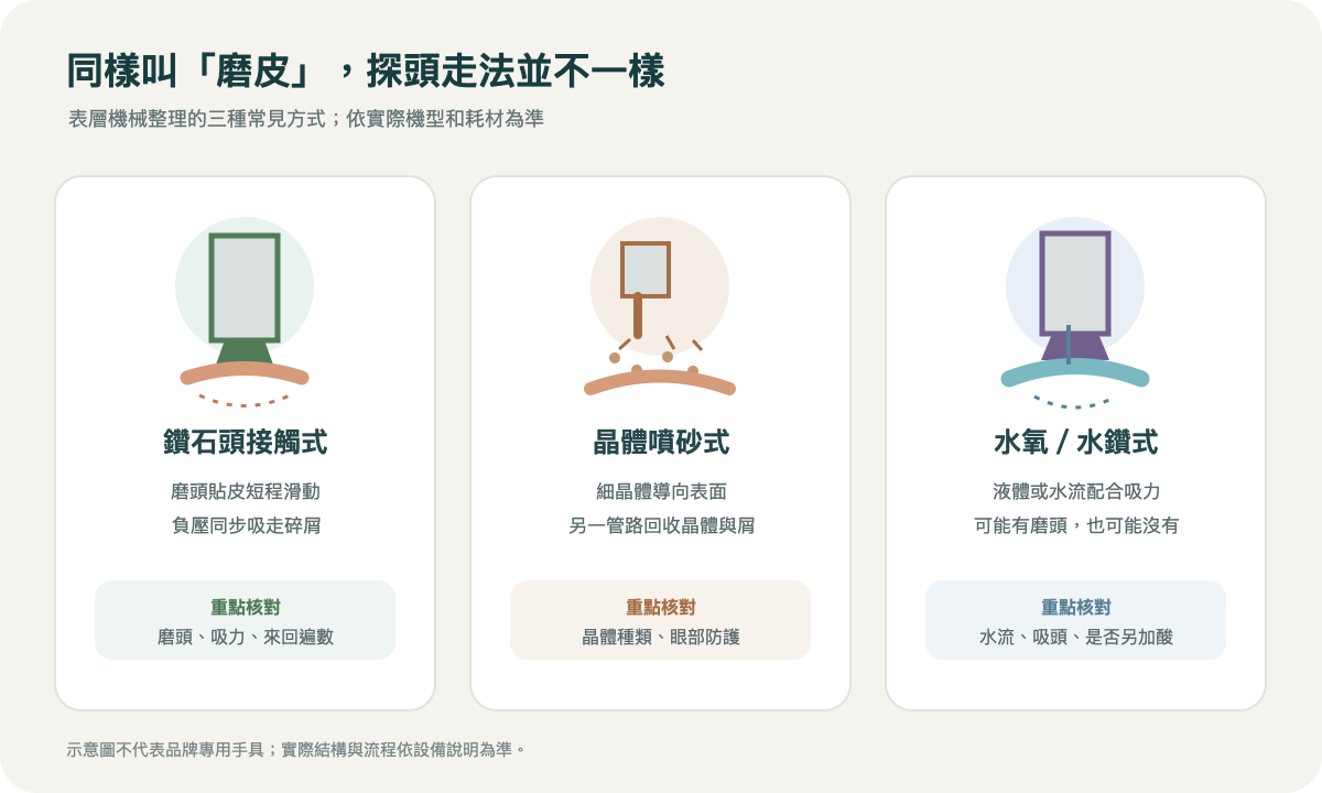 鑽石頭、晶體噴砂和水氧磨皮的探頭與作用方式比較