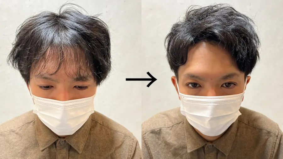 上梳瀏海的剪前剪後正面案例,展示額頭露出與頂部方向變化