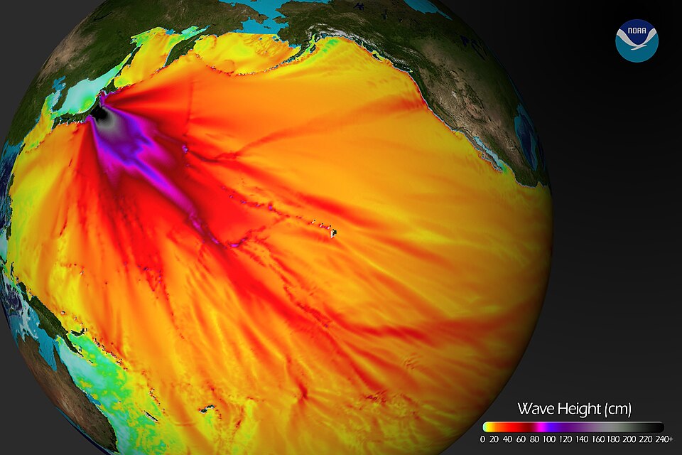 NOAA 模擬 2011 年東北地方太平洋沖地震海嘯在太平洋的波高分布