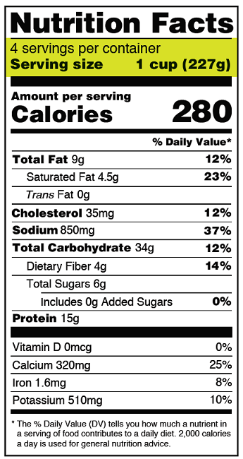 美國 FDA 食品營養標示範例,標出每包份數與每份量
