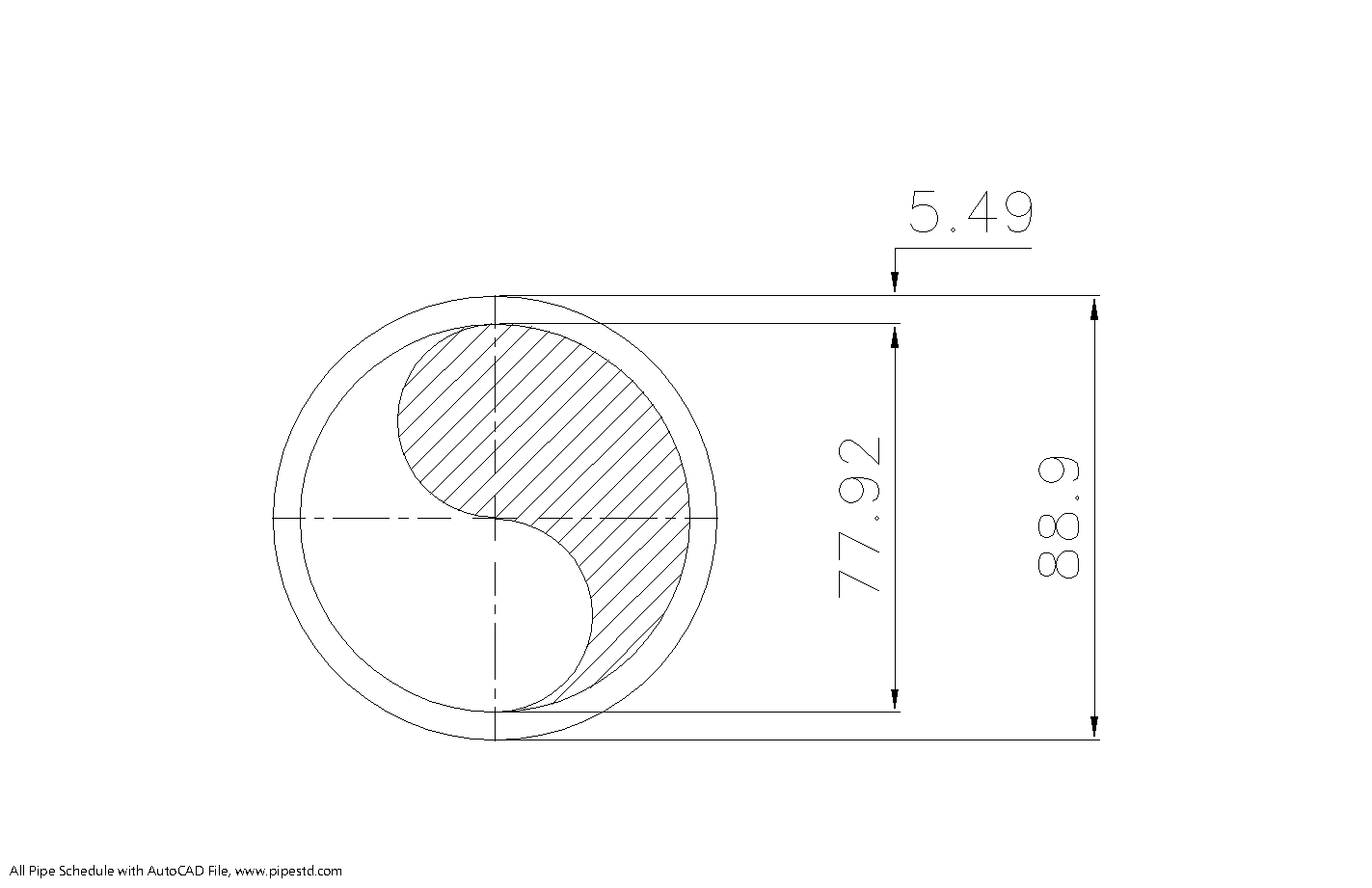 NPS 3(DN 80)Schedule 40 鋼管橫截面示意圖:外徑 88.9 mm、內徑 77.92 mm、壁厚 5.49 mm